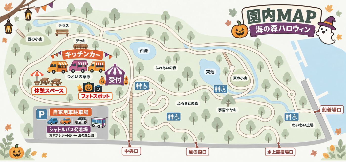 海の森公園の園内マップ。つどいの草原にキッチンカーと受付、中央口そばにシャトルバス発着場と自家用車駐車場があります