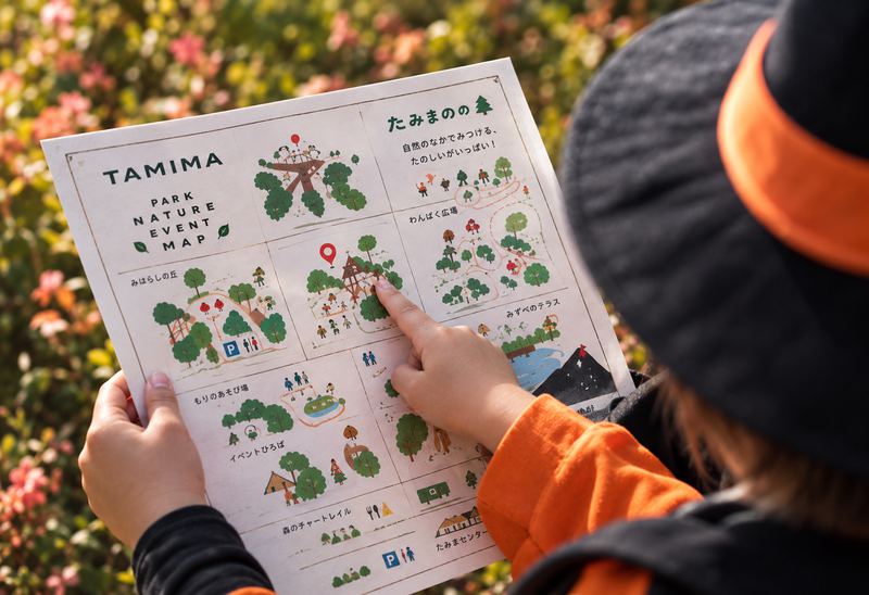 冊子を手に謎を解く子ども